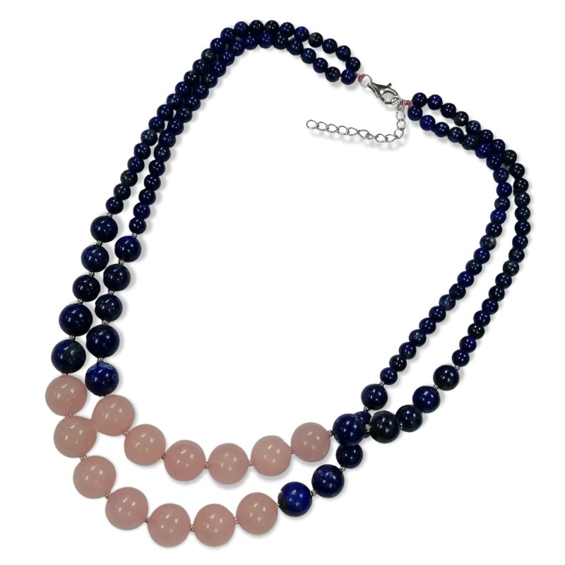 Pearlz Gallery Round Bead Dyed Lapis & Rose Quartz 2 Lines Graduation Necklace - Necklaces & Pendants - British D'sire
