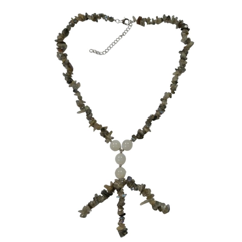 Pearlz Gallery Round Chips Labradorite & Rainbow Moonstone 3 Line Tassel Necklace - Necklaces & Pendants - British D'sire