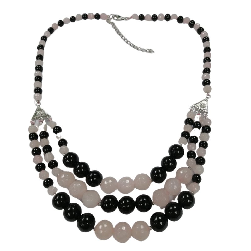 Pearlz Gallery Sterling Silver Faceted Round Black Onyx & Rose Quartz 3 Lines Necklace - Necklaces & Pendants - British D'sire