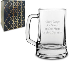 Personalised Engraved Glass Beer Stein, Personalise with Any Message for Any Occasion, Stylize with a Variety of Fonts, Laser Engraved, Gift Box Included - British D'sire