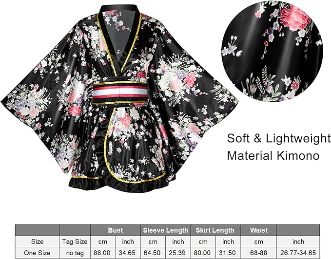PLULON 5 Pcs Women's Japanese Kimono Robe Short Floral Print Kimono Dress Sexy Geisha Yukata Satin Bathrobe with Accessories - British D'sire