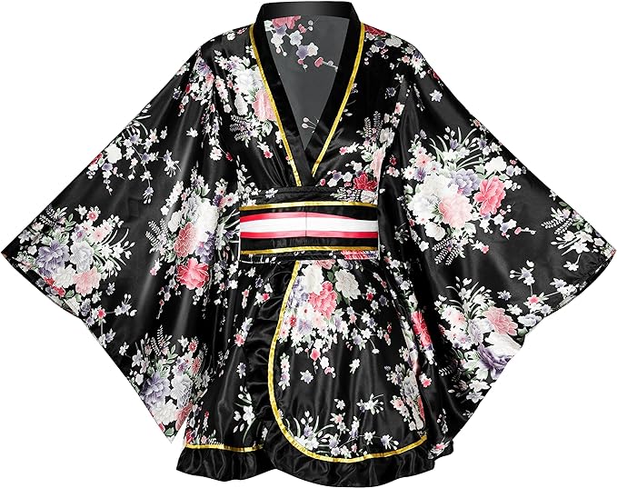 PLULON 5 Pcs Women's Japanese Kimono Robe Short Floral Print Kimono Dress Sexy Geisha Yukata Satin Bathrobe with Accessories - British D'sire