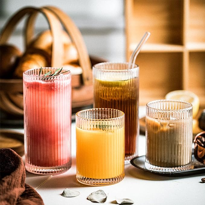 POLIDREAM Drinking Glasses with Origami Style Set of 4 Glass Cups, 12 oz Ribbed Glassware, Highball Glass Cups, Elegant Art Deco Ripple Vintage Glassware, Juice Glasses, Ideal for Cocktail, Beer - British D'sire