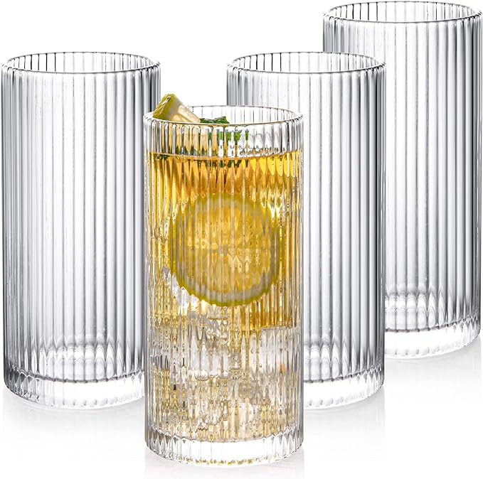 POLIDREAM Drinking Glasses with Origami Style Set of 4 Glass Cups, 12 oz Ribbed Glassware, Highball Glass Cups, Elegant Art Deco Ripple Vintage Glassware, Juice Glasses, Ideal for Cocktail, Beer - British D'sire