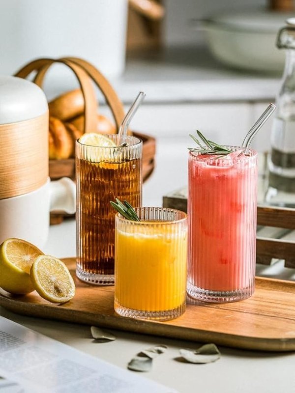 POLIDREAM Drinking Glasses with Origami Style Set of 4 Glass Cups, 12 oz Ribbed Glassware, Highball Glass Cups, Elegant Art Deco Ripple Vintage Glassware, Juice Glasses, Ideal for Cocktail, Beer - British D'sire