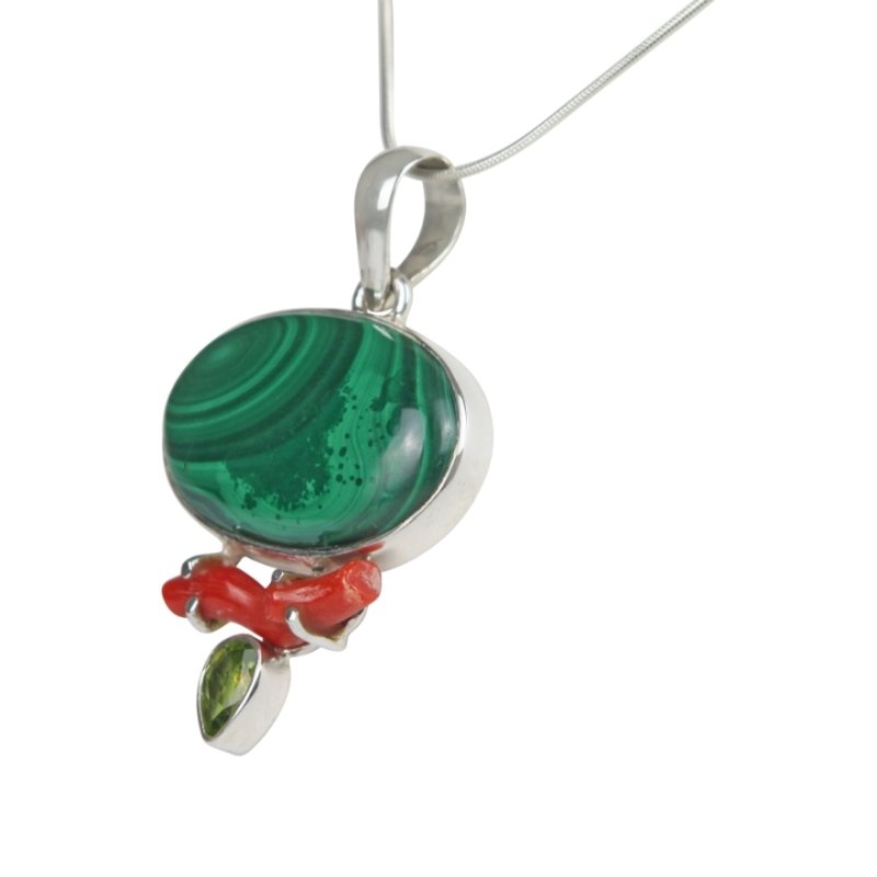 Pretty Oval shaped Malachite Accent with a Red Coral Branch and a Beautiful Faceted Peridot - Necklaces & Pendants - British D'sire