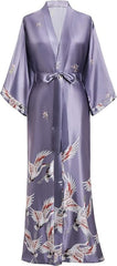 PRODESIGN Satin Kimono Dressing Gown Crane Kimono Robe for Women Silk Feeling Printed Cover Up for Wedding Girl's Bonding Party Pyjamas 135cm Long - British D'sire