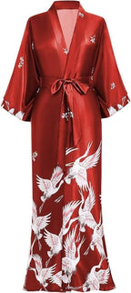 PRODESIGN Satin Kimono Dressing Gown Crane Kimono Robe for Women Silk Feeling Printed Cover Up for Wedding Girl's Bonding Party Pyjamas 135cm Long - British D'sire
