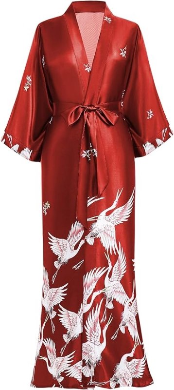 PRODESIGN Satin Kimono Dressing Gown Crane Kimono Robe for Women Silk Feeling Printed Cover Up for Wedding Girl's Bonding Party Pyjamas 135cm Long - British D'sire