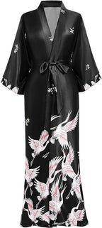 PRODESIGN Satin Kimono Dressing Gown Crane Kimono Robe for Women Silk Feeling Printed Cover Up for Wedding Girl's Bonding Party Pyjamas 135cm Long - British D'sire