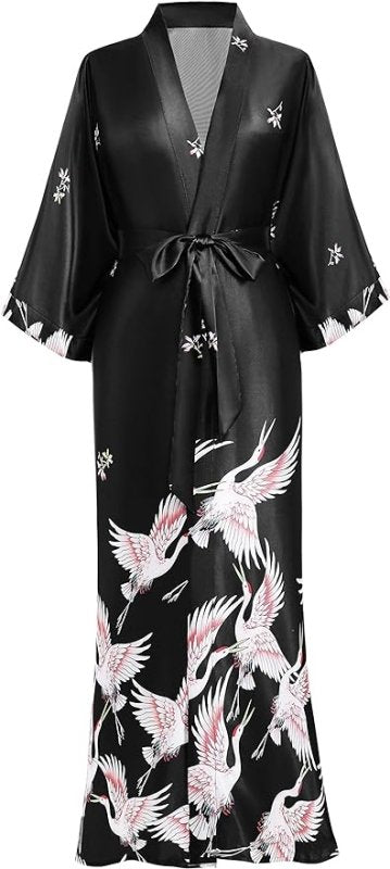 PRODESIGN Satin Kimono Dressing Gown Crane Kimono Robe for Women Silk Feeling Printed Cover Up for Wedding Girl's Bonding Party Pyjamas 135cm Long - British D'sire