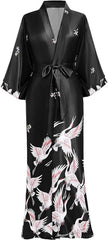 PRODESIGN Satin Kimono Dressing Gown Crane Kimono Robe for Women Silk Feeling Printed Cover Up for Wedding Girl's Bonding Party Pyjamas 135cm Long - British D'sire