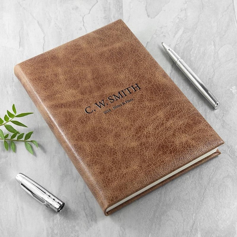 Pure Essence Greetings Engraved Natural Tan Leather Notebook - Book/File Cases & Key Cabinets - British D'sire Main image