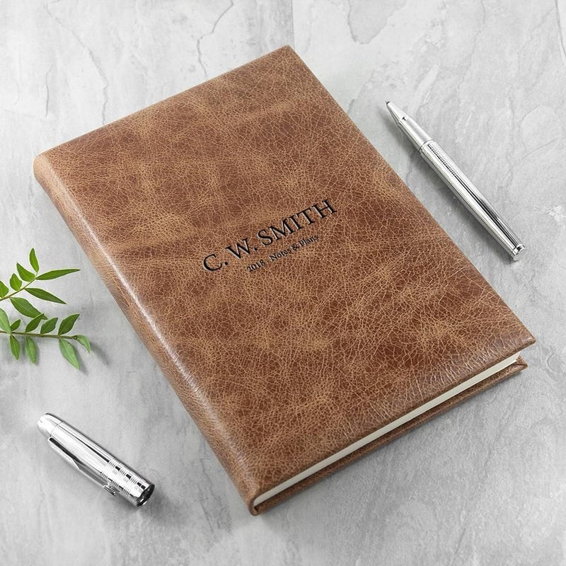 Pure Essence Greetings Engraved Natural Tan Leather Notebook - Book/File Cases & Key Cabinets - British D'sire