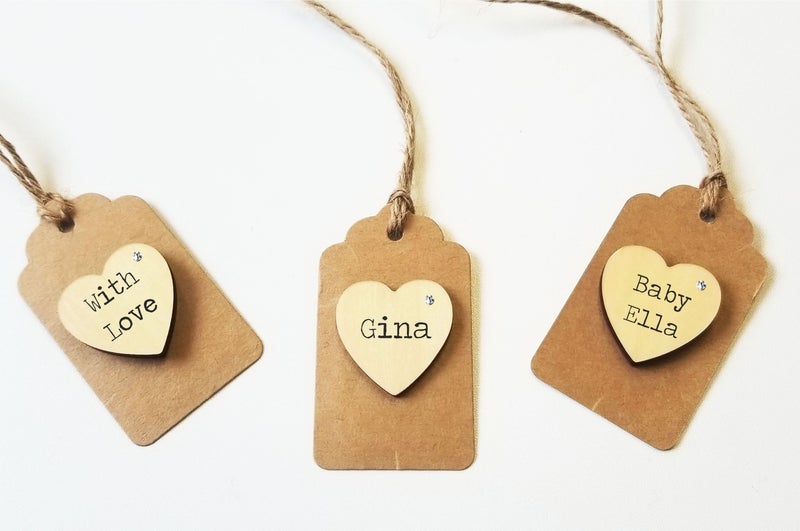 Pure Essence Greetings Personalised Gift Tag With Wood Heart Embellishment - Own Text - Gift Bags & Boxes - British D'sire