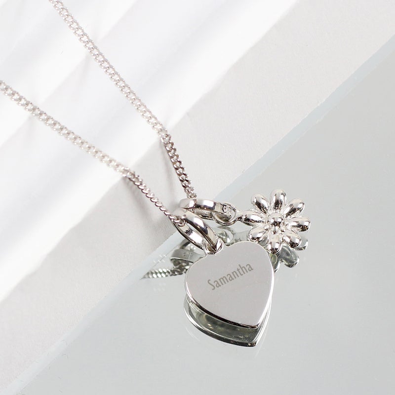Pure Essence Greetings Personalised Heart and Daisy Sterling Silver Necklace - Necklaces & Pendants - British D'sire