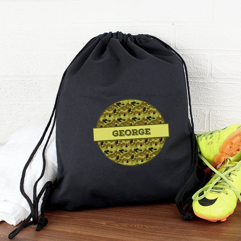 Pure Essence Greetings Personalised Khaki Camo Swim Kit Bag (Black) - Stylish Backpacks - British D'sire