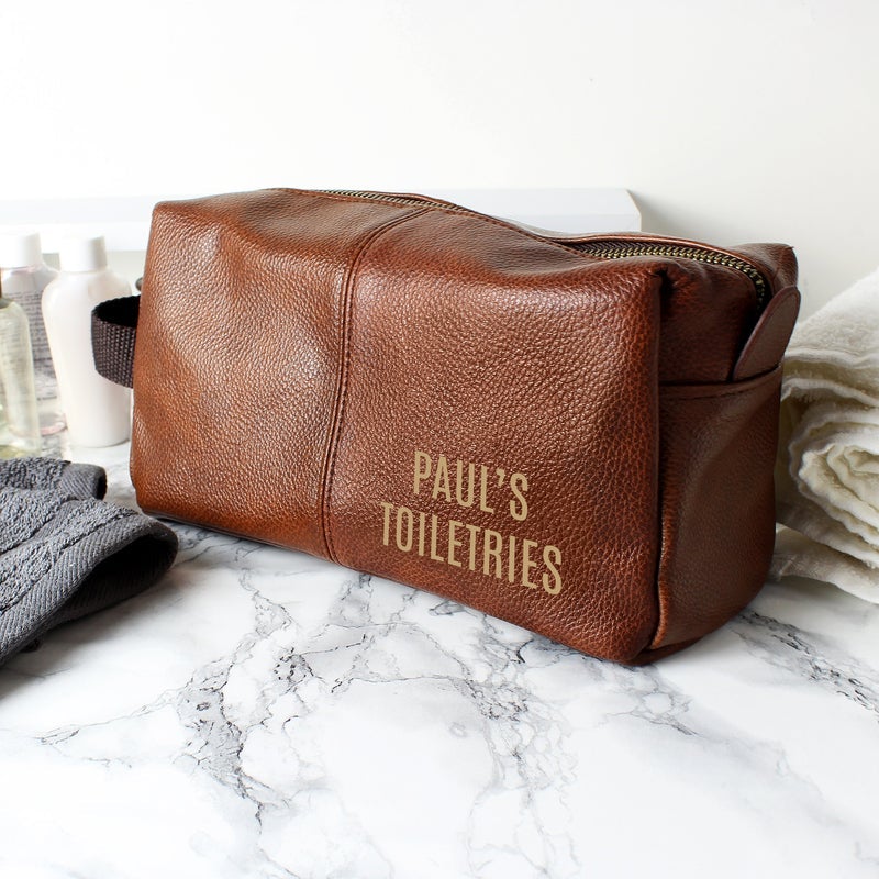 Pure Essence Greetings Personalised Luxury Brown leatherette Wash Bag - Mens Backpacks - British D'sire