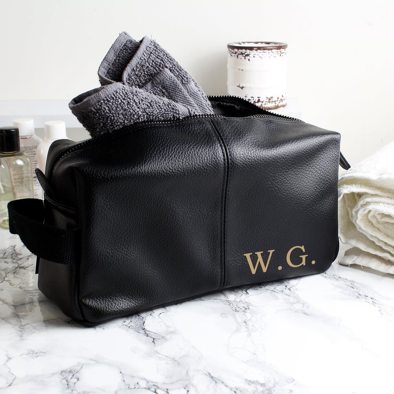 Pure Essence Greetings Personalised Luxury Initials Black leatherette Wash Bag - Mens Backpacks - British D'sire
