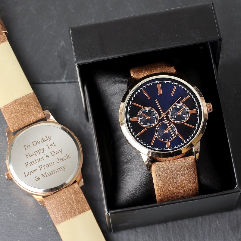 Pure Essence Greetings Personalised Mens Rose Gold Tone Watch With Brown Strap And Presentation Box - Men's Quartz Watches - British D'sire