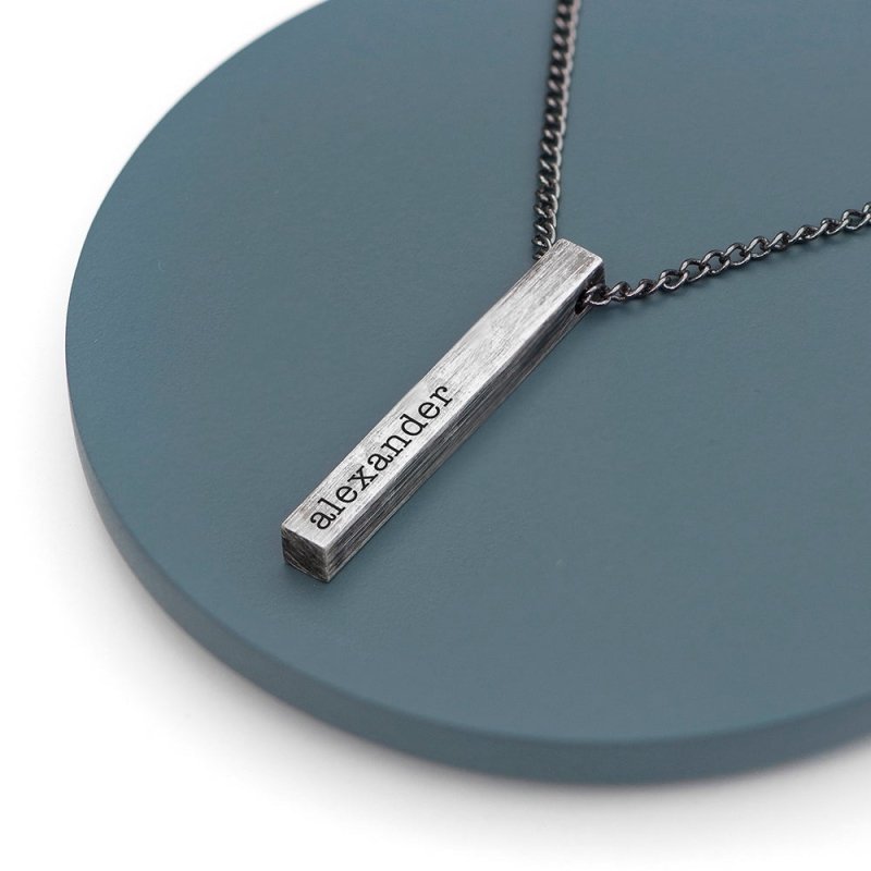 Pure Essence Greetings Personalised Men's Solid Bar Brushed Gunmetal Necklace (Grey) - Necklaces & Pendants - British D'sire Main image