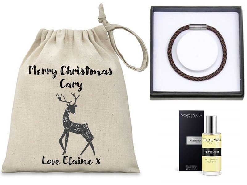 Pure Essence Greetings Personalised Mini Christmas Sack for Men, Filled with Yodeyma Parfum and EQ Leather Bracelet - Men's Grooming - British D'sire