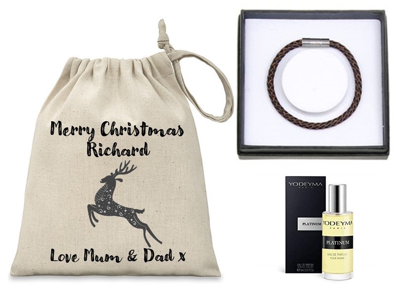 Pure Essence Greetings Personalised Mini Christmas Sack for Son, Filled with Yodeyma Parfum and EQ Leather Bracelet - Men's Grooming - British D'sire