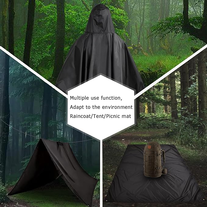 Rain Poncho Adult Waterproof Raincoat Reusable Emergency Poncho for Men Women with Hood for Hiking, Camping, Outdoor Activities Black - British D'sire