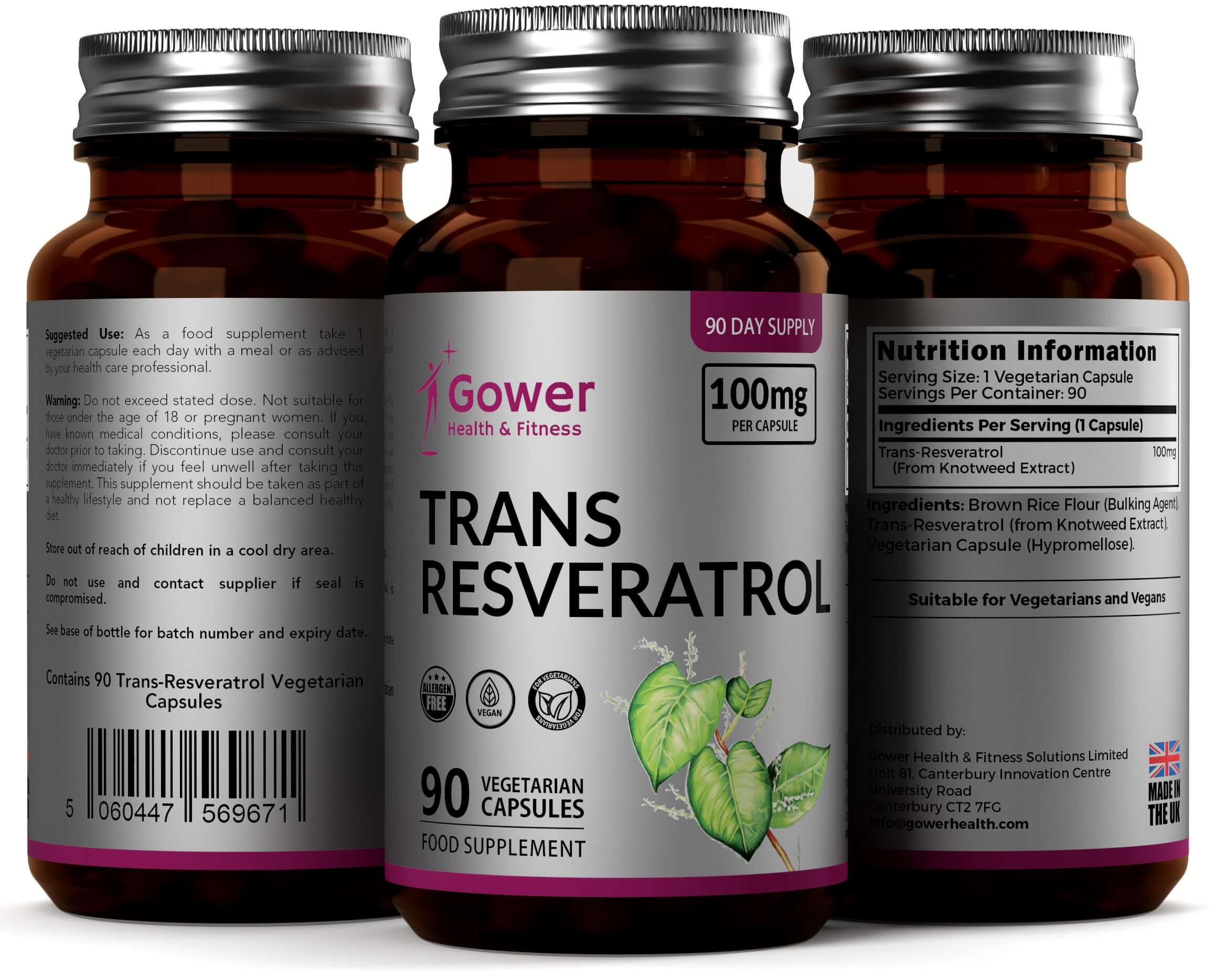 GH Trans Resveratrol | Japanese Knotweed Extract - 100mg per Serving | 90 Vegan Capsules | Non-GMO, Dairy Free & Gluten Free - British D'sire