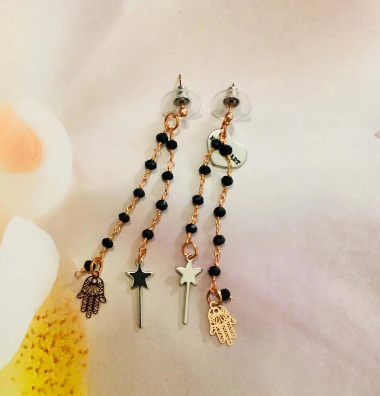 Rosary Earrings with Magic Wand and Hamsa Charms - earrings - British D'sire