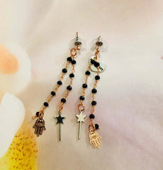 Rosary Earrings with Magic Wand and Hamsa Charms - earrings - British D'sire