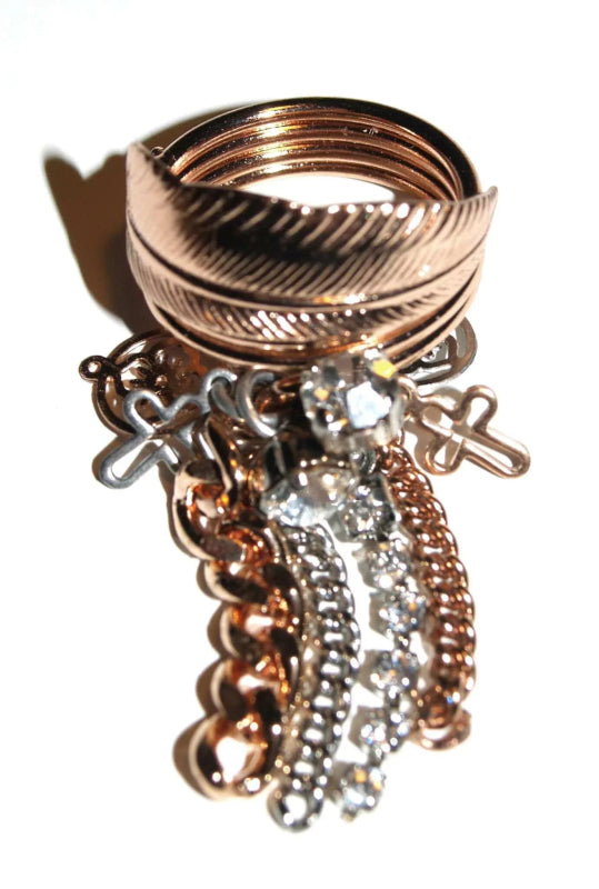Rose Gold Feather Charm Ring with Fringes - Rings - British D'sire