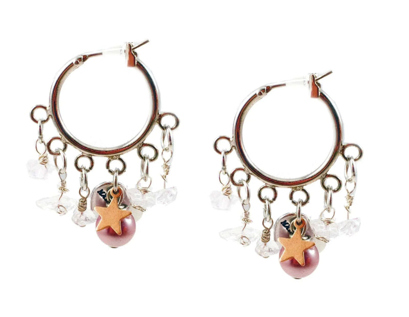 Rose quartz and pearls hoop earrings with star charm. Perfect for parties, spring, summer time and gift for her. - earrings, orecchini - British D'sire