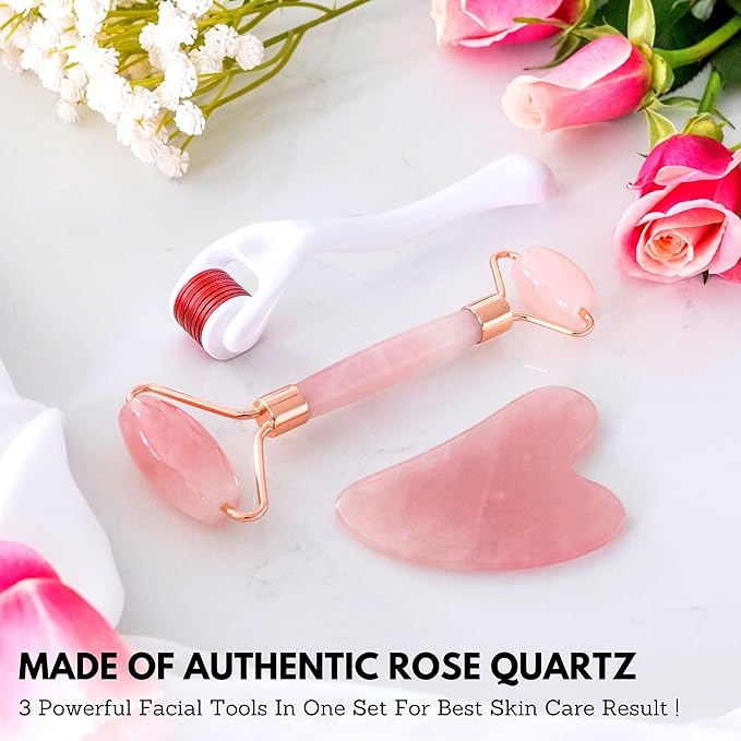 Rose Quartz Face Roller, Derma Roller, Gua Sha Massage Tool. 3-in-1 Beauty Skin Care Facial Roller Set. Stone Jade Roller for Face, Microneedle Roller, Guasha Face Massager. Face Sculpting Tools Set - British D'sire