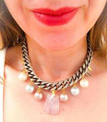 Rose quartz statement choker with pearls and charms. Perfect for parties, summer time and gift for her. - Necklace - British D'sire