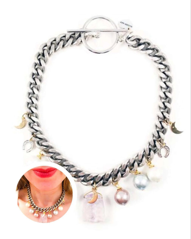 Rose quartz statement choker with pearls and charms. Perfect for parties, summer time and gift for her. - Necklace - British D'sire