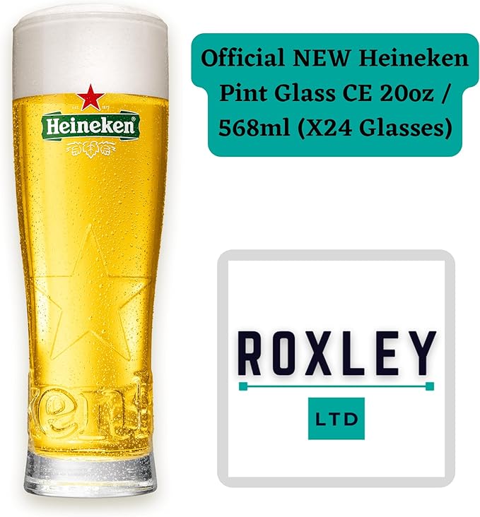 Roxley Heineken Pints Glasses X24 Original Lager Pint Glass Glasses 67 cl | Also Comes with Branded Beer Mats - British D'sire