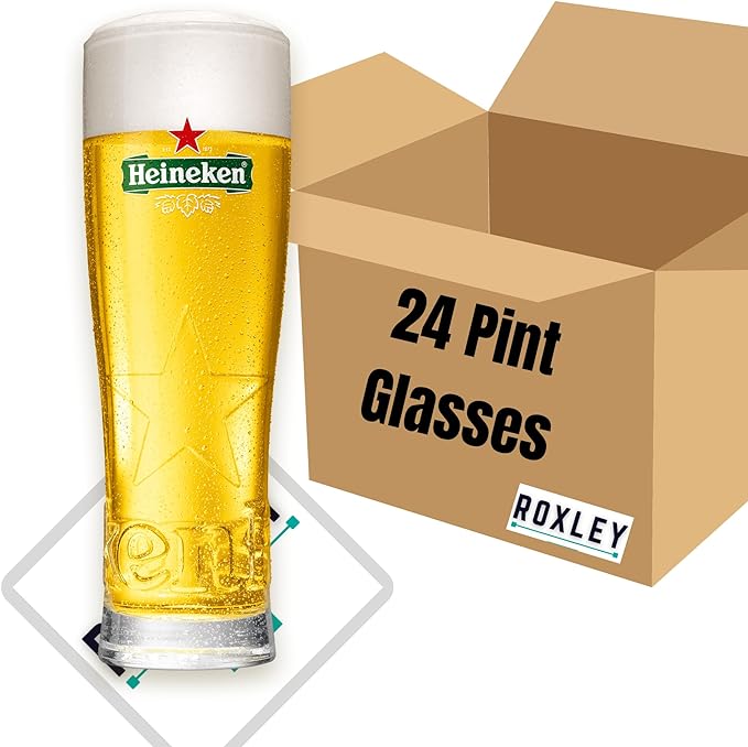 Roxley Heineken Pints Glasses X24 Original Lager Pint Glass Glasses 67 cl | Also Comes with Branded Beer Mats - British D'sire