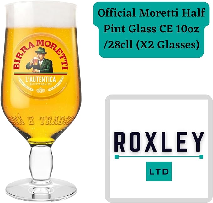 Roxley X2 Moretti Half Glasses Also Comes with 2 Branded Beer Mats - British D'sire