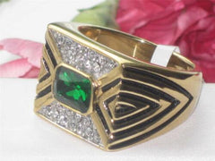 Jewellery Kingdom Mens Green Emerald Cz Signet Pinky Steel Bezel Ring (Gold)