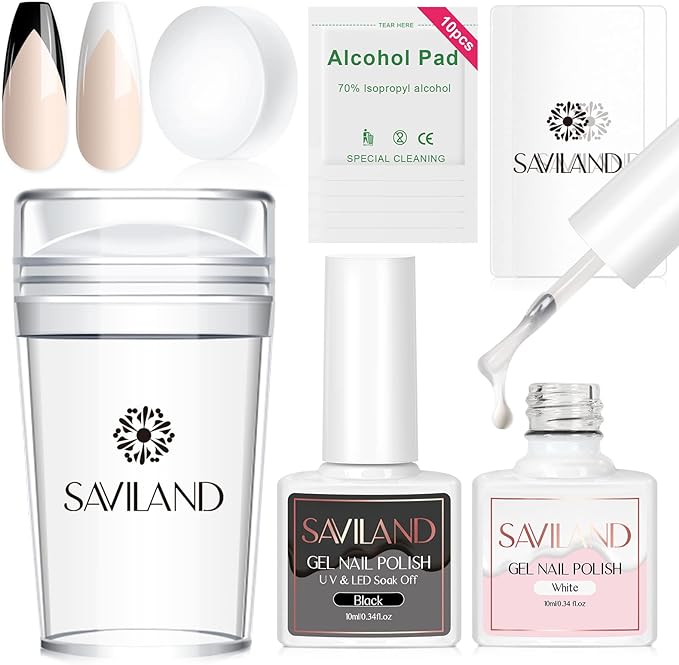 Saviland French Tip Nail Stamp - 4PCS Nail Art Stamper Kit Clear Silicone Nail Stamping Long & Short Jelly Stamper for Nails with Scrapers Nail Stamper Kit for French Manicure Home DIY Nail Salon - British D'sire