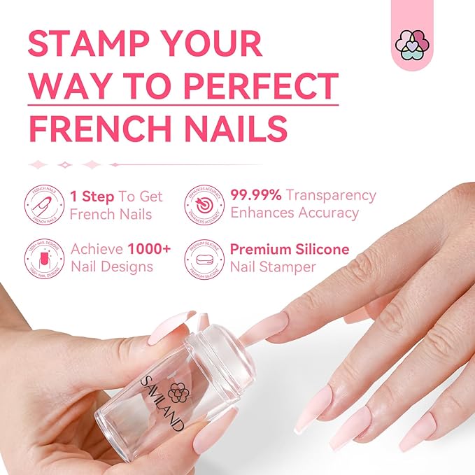 Saviland French Tip Nail Stamp - 4PCS Nail Art Stamper Kit Clear Silicone Nail Stamping Long & Short Jelly Stamper for Nails with Scrapers Nail Stamper Kit for French Manicure Home DIY Nail Salon - British D'sire