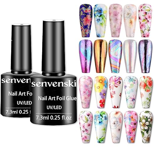 Senvenski Nail Foil Glue Gel, 7.3ml x2 Tranfer Glue Gel for Nails Art Stickers Foil Transfer Gel Soak Off DIY Manicure Kit Set UV LED (TB007) - British D'sire Main image