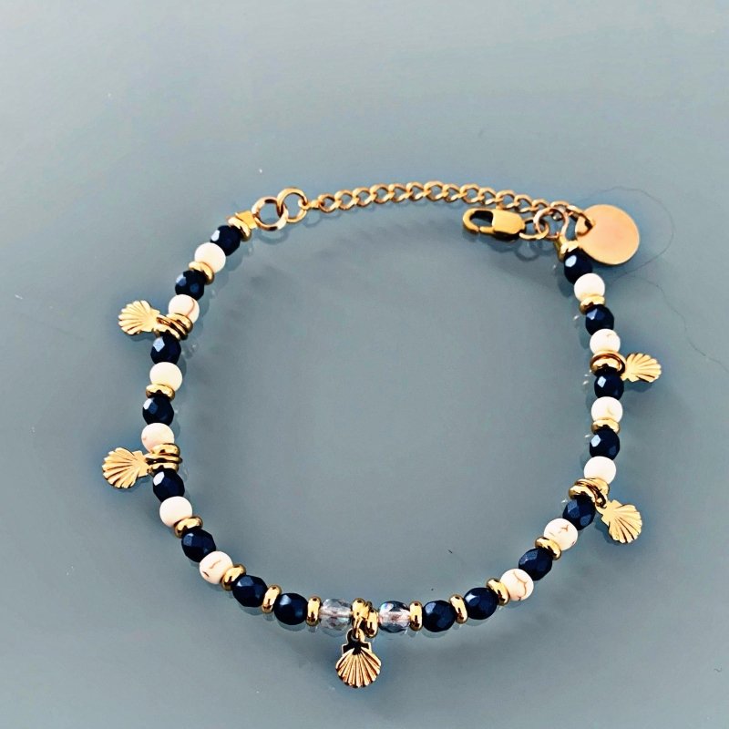 Shell Bracelet | Women's Bracelet Howlite Beads | Navy Blue | Shells and 24K Gold Plated Heishi Beads - Bracelet - British D'sire