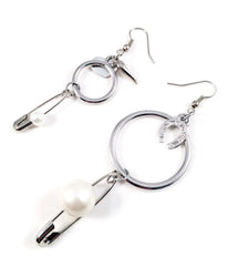 Silver safety pins and white pearls hoop earrings. Perfect for parties, summer time and gift for her. - earrings, orecchini - British D'sire