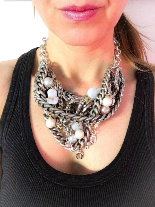 Silver statement necklace with calcedony, pearls and charms. Perfect for parties, summer time and gift for her. - Necklace - British D'sire