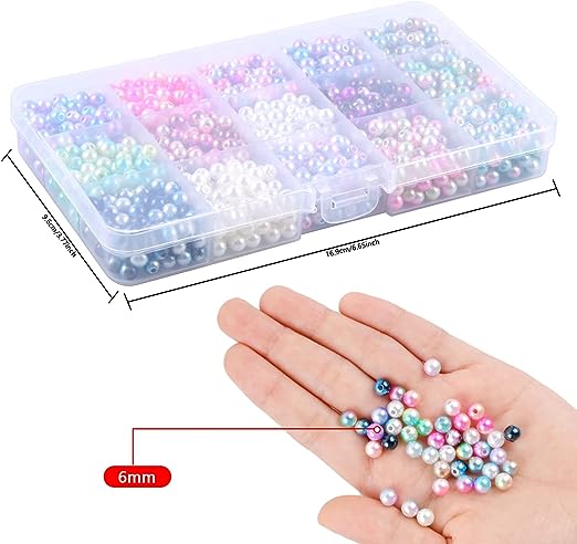 Smatime 1200 Pcs 6mm Round Pearl Beads Plastic Coloured Imitation Pearls | Dyed Pearlized Beads | Loose Spacer Pearl Beads with Hole for Jewellery Making - Jewellery Accessories - British D'sire