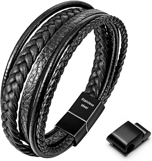 Speroto Mens Bracelet, Adjustable Premium Leather Bracelet for Men & Womens Black and Brown with Stainless Steel Magnetic Clasp - Unisex Jewellery - British D'sire