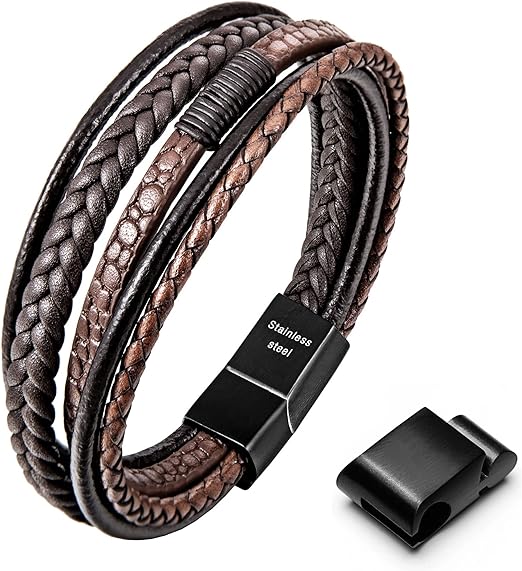 Speroto Mens Bracelet, Adjustable Premium Leather Bracelet for Men & Womens Black and Brown with Stainless Steel Magnetic Clasp - Unisex Jewellery - British D'sire