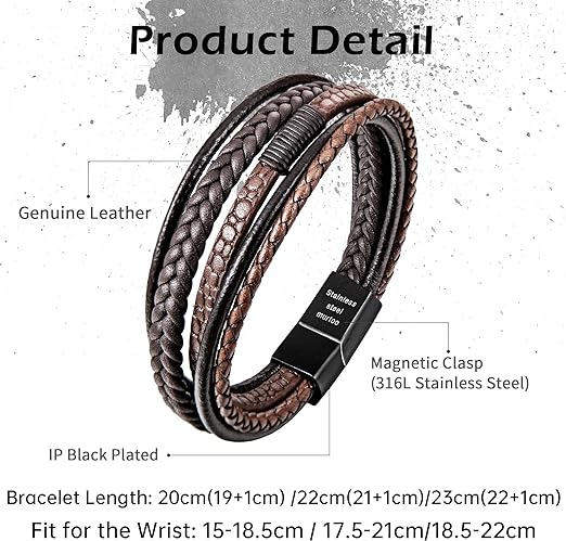 Speroto Mens Bracelet, Adjustable Premium Leather Bracelet for Men & Womens Black and Brown with Stainless Steel Magnetic Clasp - Unisex Jewellery - British D'sire